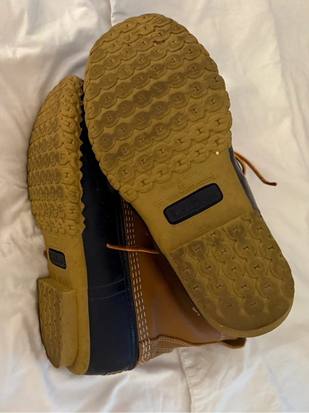 Classic Bean Boots - tan and navy duck boots in 8W